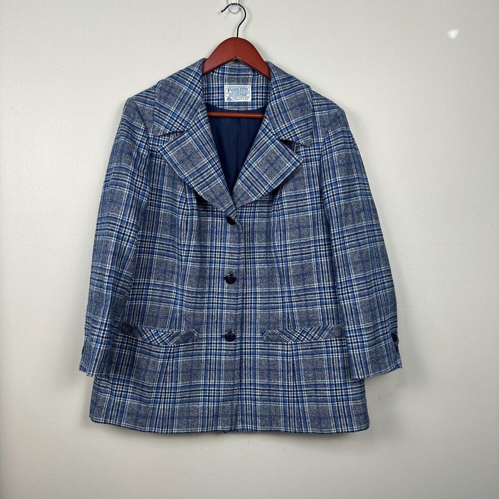 Vintage Womens Large 14-16 Pendleton Wool Blazer Suit Blue Plaid Made in USA